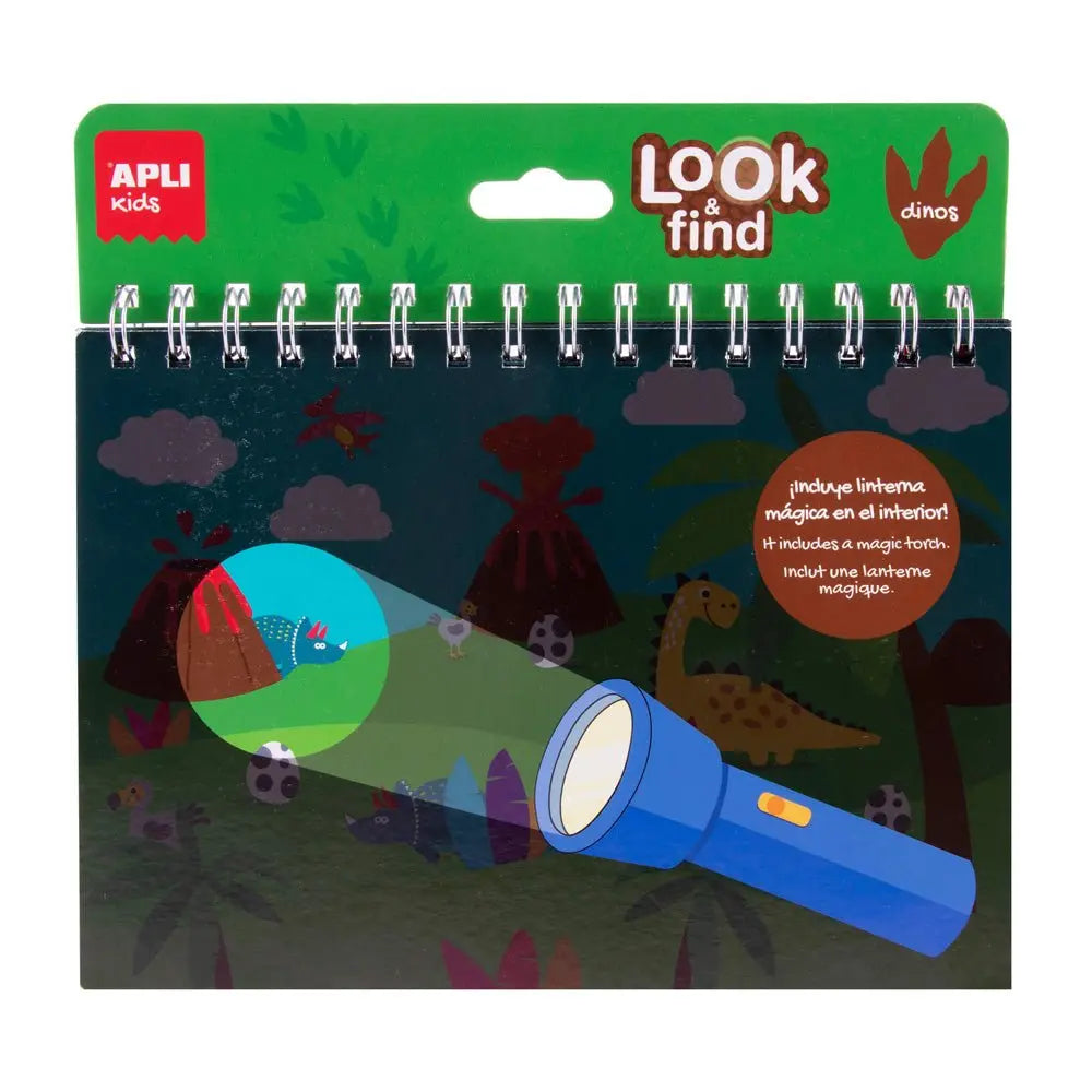 Livro infantil Apli Kids Procura e Encontra Dinossauros, com ilustrações educativas e espaços para explorar e aprender sobre dinossauros.