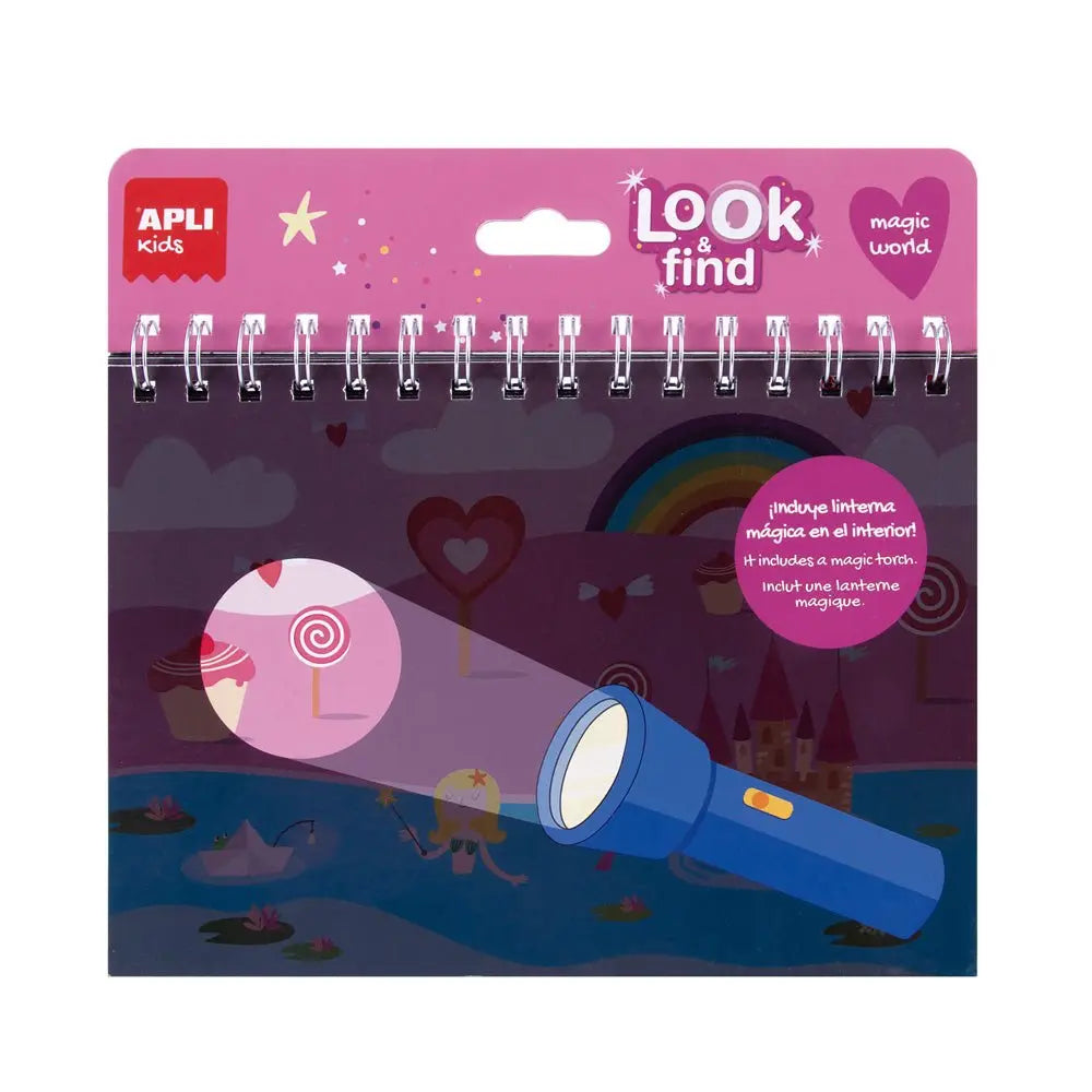Livro infantil de DIY "Procura e Encontra Mundo Mágico" da Apli Kids com 6 folhas, diversão educativa para crianças.