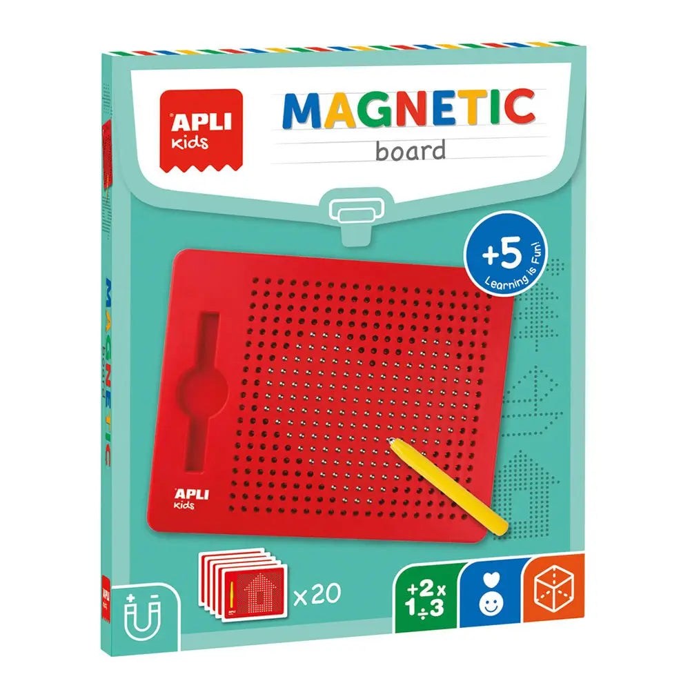 Quadro magnético educativo Apli para aprender e brincar, com peças de jogos magnéticos coloridos e interativos.