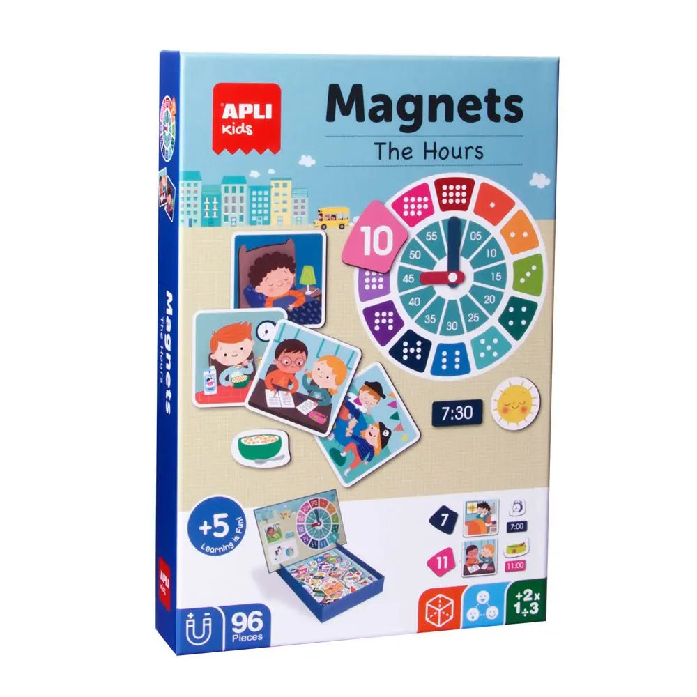 Jogo educativo magnético Apli com 96 peças para aprender as horas, incluindo números, ponteiros e relógios em imagens coloridas.