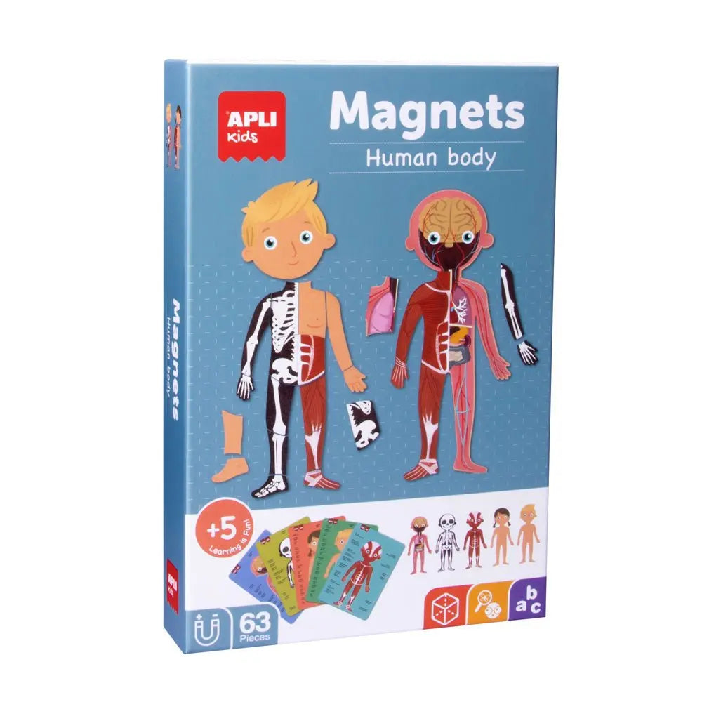 Jogo educativo magnético do corpo humano com 63 peças da Apli para aprender anatomia de forma interativa.