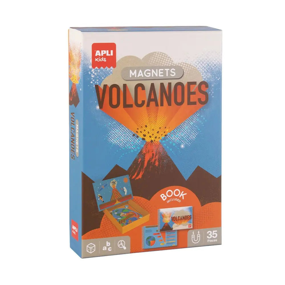 Jogo educativo magnético de vulcões com 35 peças Apli, peças coloridas e ilustradas, para aprendizado divertido sobre geologia.