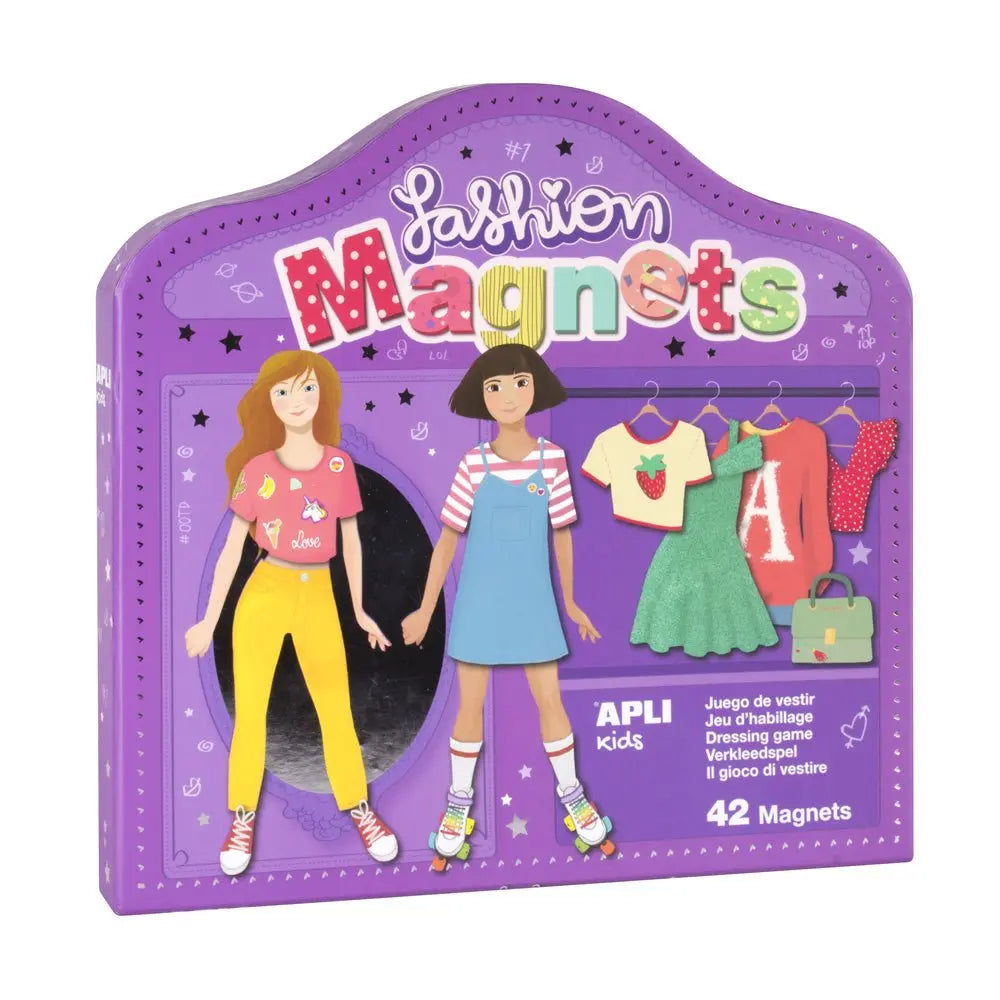 Jogo magnético de moda infantil Apli com 42 peças coloridas para criatividade e estilo em montagem de roupas.