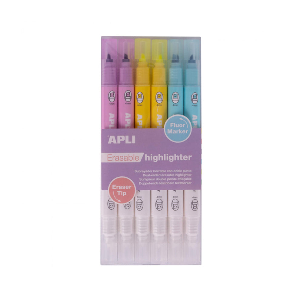 Kit com 6 marcadores apagáveis dupla ponta da Apli, mostrados em cores variadas sobre uma mesa.