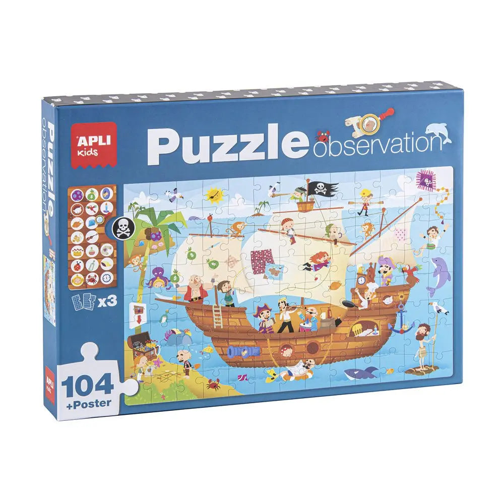 Quebra-cabeça educativo Apli Barco Pirata com 104 peças, ilustrado com um barco pirata colorido e detalhes marítimos.