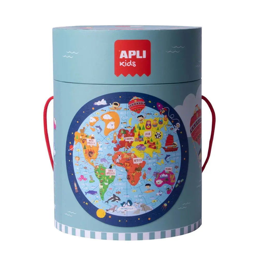 Puzzle de 48 peças do mapa-múndi da Apli, ideal para crianças aprenderem geografia de forma divertida e educativa.