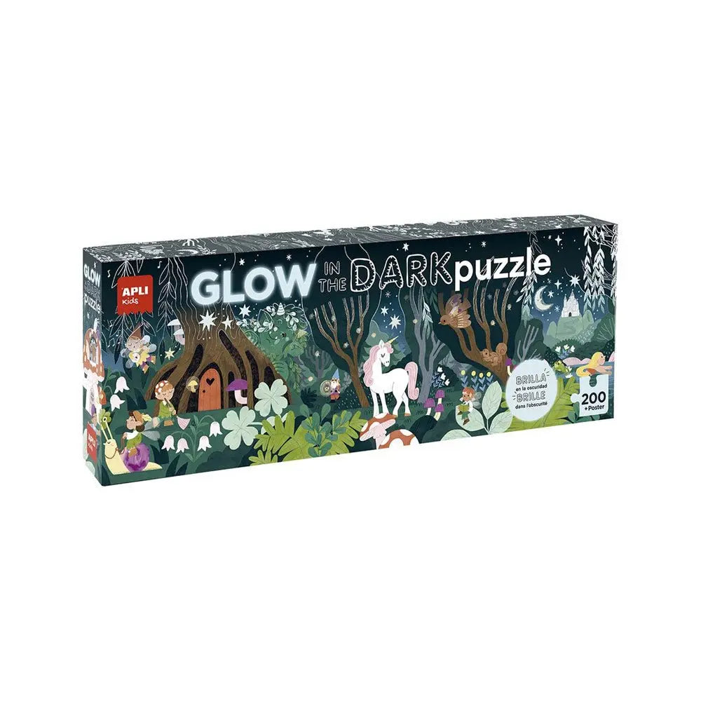 Puzzle educativo Apli Fluor Bosque Mágico com 200 peças, mostrando uma cena colorida de natureza e animais em um ambiente mágico.