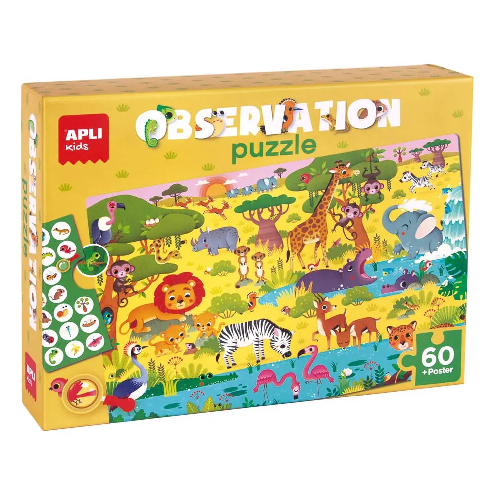 Quebra-cabeça Apli Observação da Selva com 60 peças, brinquedo educativo para desenvolver habilidades de observação e concentração.