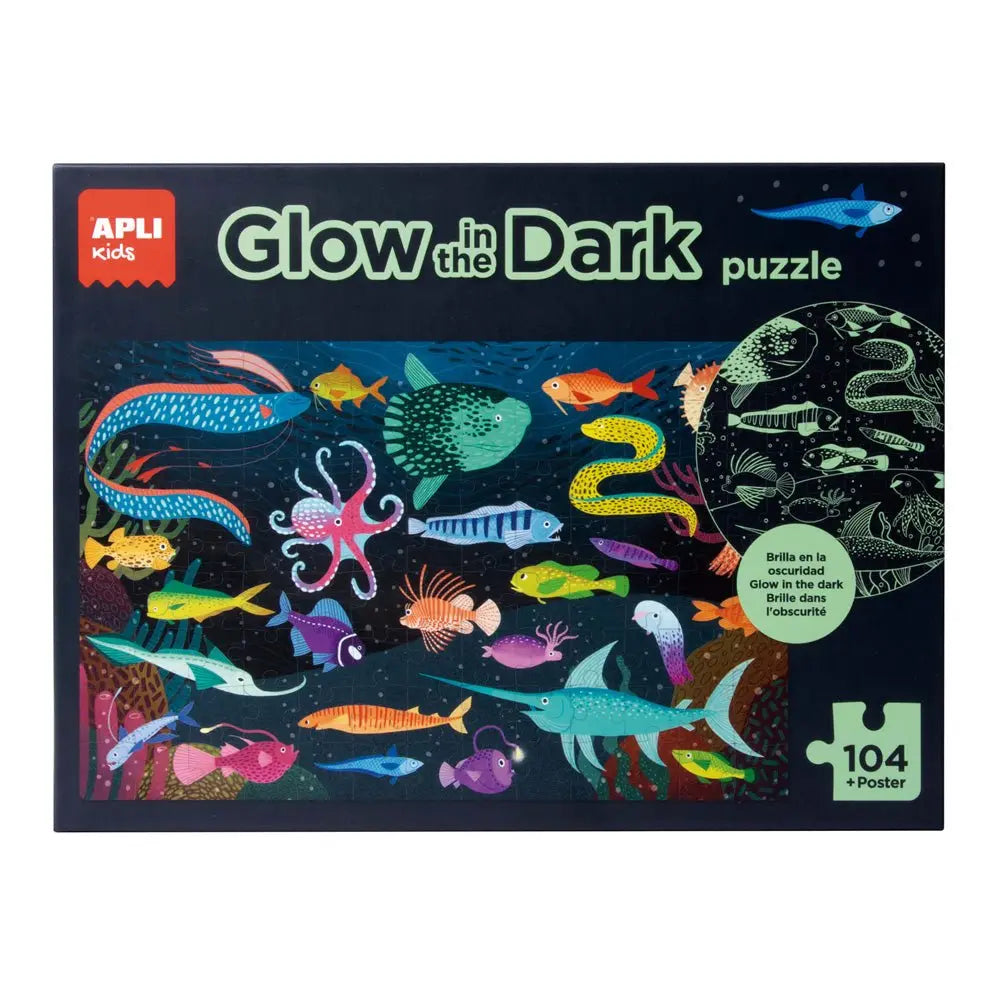 Quebra-cabeça Apli Fluor Oceano com 104 peças, jogo educativo para crianças, ilustrado com tema de oceano vibrante e colorido.