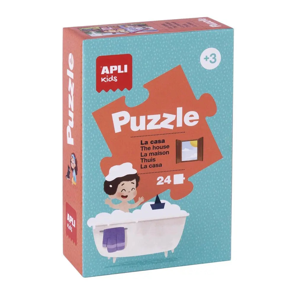 Quebra-cabeça Apli Kids Tema Casa, 24 peças coloridas para crianças, com imagens de uma casa e elementos infantis.