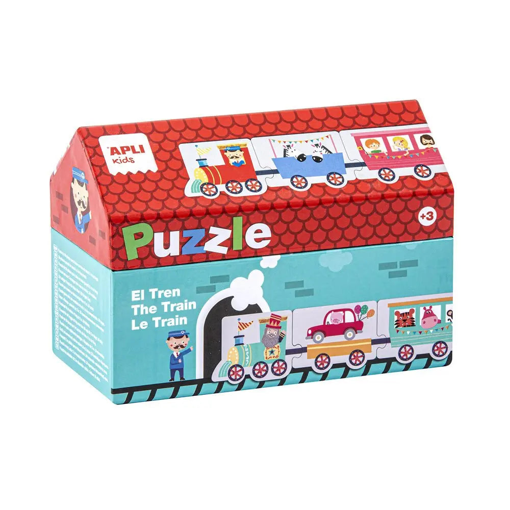 Quebra-cabeça Apli Tema Comboio com 20 peças para crianças, com imagens coloridas de trens e vagões, ideal para diversão infantil.