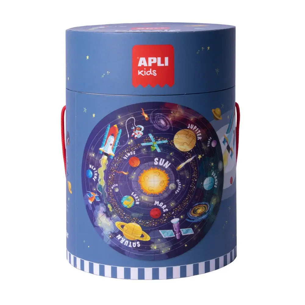 Quebra-cabeça educativo do Sistema Solar da Apli com 48 peças, mostrando planetas e o Sol em cores vibrantes.