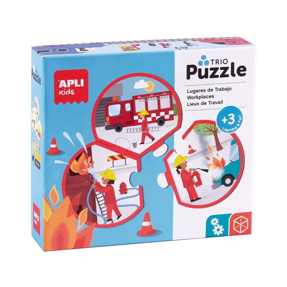 Quebra-cabeça Trio de Profissões da Apli com 24 peças, ilustrando diferentes profissões em um brinquedo educativo colorido.