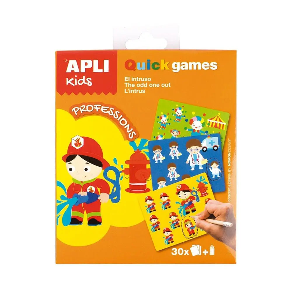 Jogo Apli Kids Quick Games Tema Profissões, brinquedo educativo para crianças, com cartas coloridas e ilustrações de profissões.