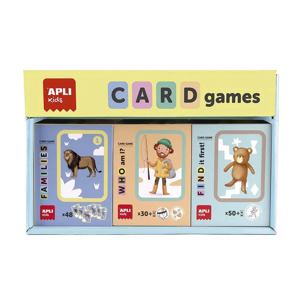 Jogo de cartas Apli Kids com 3 temas, composto por 9 peças de tabuleiro e cartas coloridas para crianças.