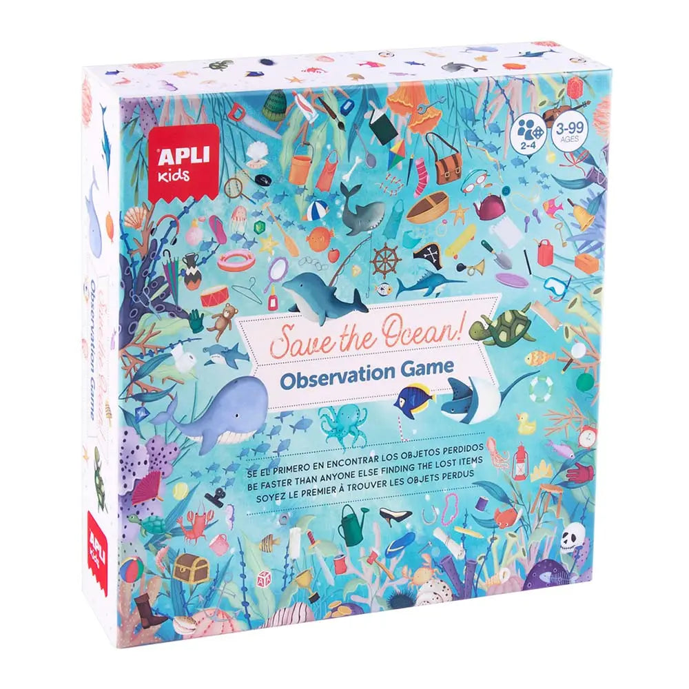 Jogo educativo Observação do Oceano com 50 cartas da Apli, tabuleiro com imagens de animais marinhos e ambientes oceânicos.