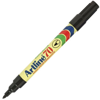 Marcador permanente Artline 70 médio 1,5mm na cor preta, ideal para escrita precisa em diversas superfícies.