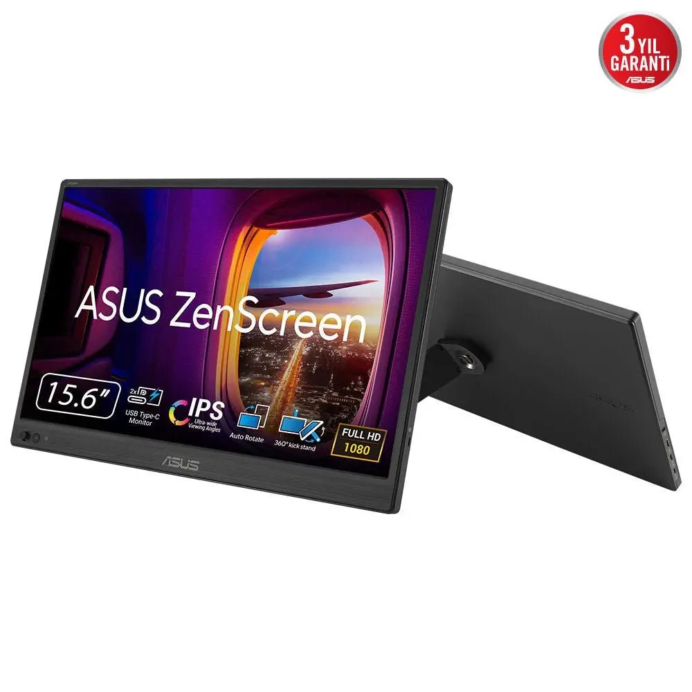 Monitor portátil ASUS ZenScreen MB169CK de 16 polegadas com tela FHD IPS, conexão HDMI e acabamento preto.