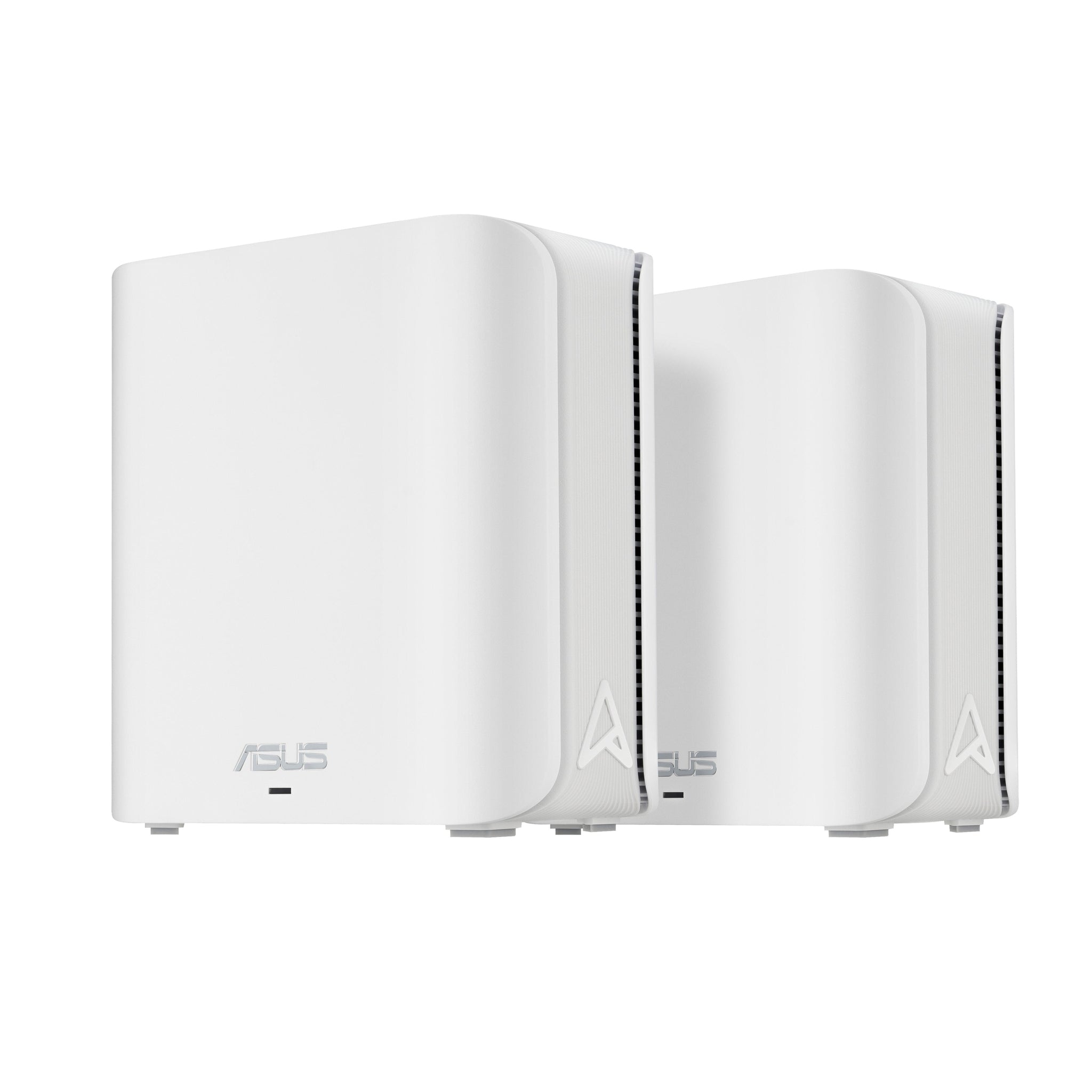 Dois roteadores ASUS ZenWiFi BD4 com suporte WiFi 7, design compacto e antenas externas para alta velocidade de conexão.