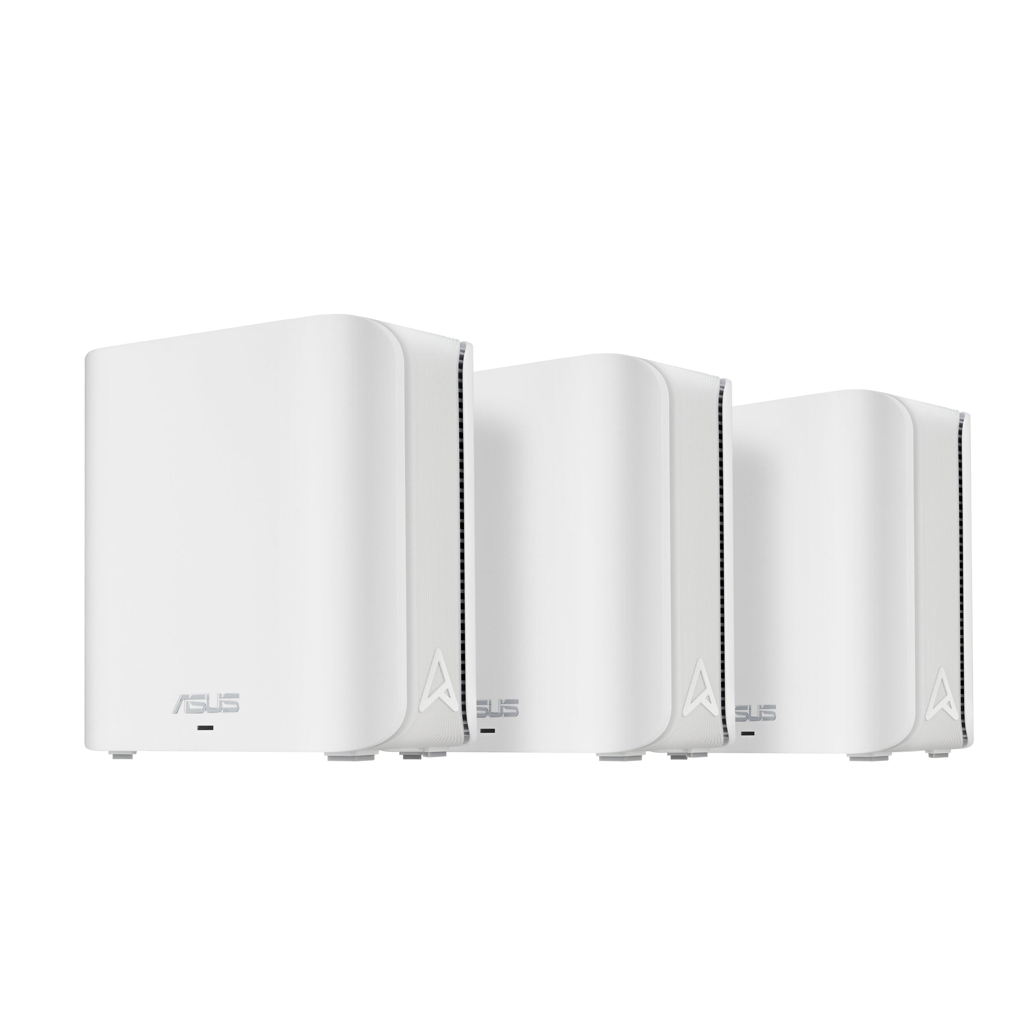 Três roteadores ASUS ZenWiFi BD4 com design compacto e antenas, sistema WiFi 7 de alta velocidade da Asustek