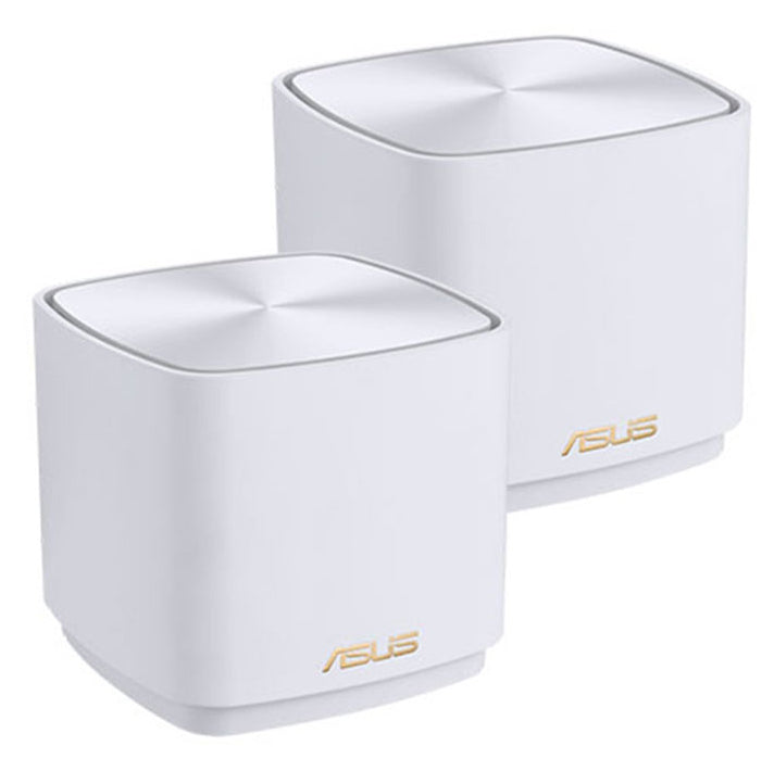 Dois roteadores ASUS ZenWiFi XD4 PLUS da Asustek, com design moderno e antenas, para conexão Wi-Fi xDSL de alta performance.