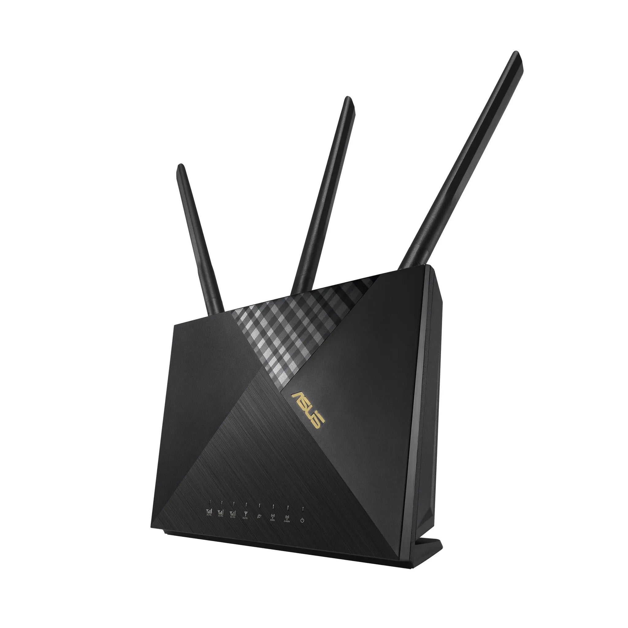 Roteador ASUS 4G-AX56 Wi-Fi 6 dual-band LTE para internet rápida, com antenas e painel de conexão na frente.