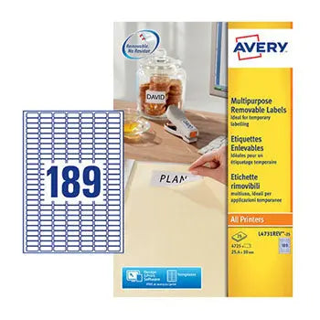 Bluepixel Equipamentos e Serviços Informáticos Lda | Etiquetas Removíveis Avery 025,4x010mm | 25 Folhas, 4725 Unidades Avery Etiquetas