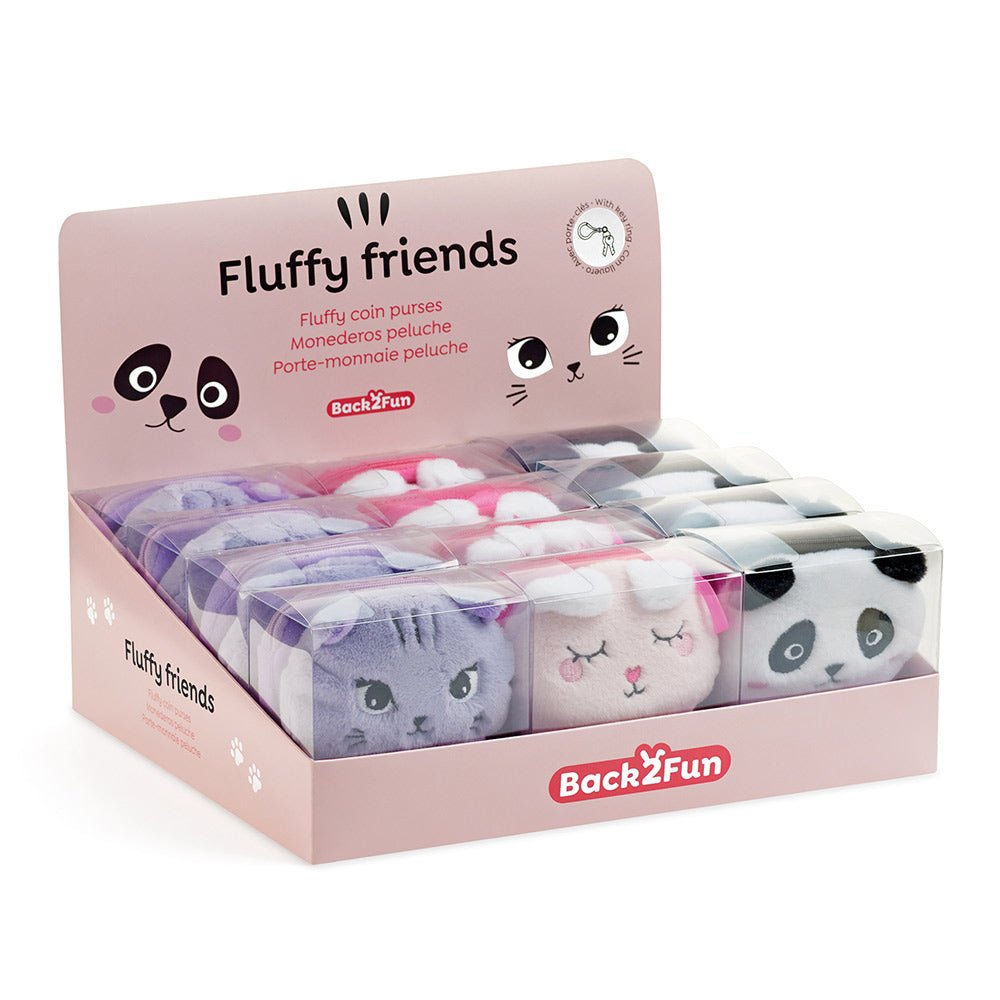 Pack com 12 porta moedas e chaves pelúcia da Back2Fun, bolsas e estojos divertidos com detalhes macios e coloridos.
