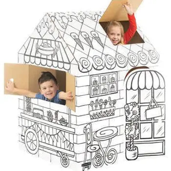 Casinha de papel para pintar e brincar, temática de pastelaria infantil, com detalhes coloridos e espaço para pintura.