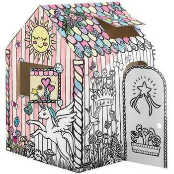 Casinha de papelão para pintar e brincar com tema de unicórnio, ideal para atividades criativas e diversão infantil.