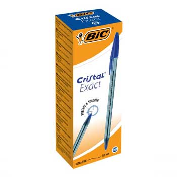 Caneta esferográfica BIC Cristal Exact azul, ponta de 0,7mm, em embalagem com 20 unidades, para escrita precisa e confortável.