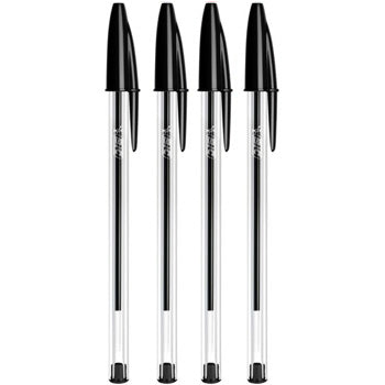 Esferográfica Bic Cristal preta de 1mm, pacote com 4 unidades, caneta esferográfica de escrita suave e elegante.