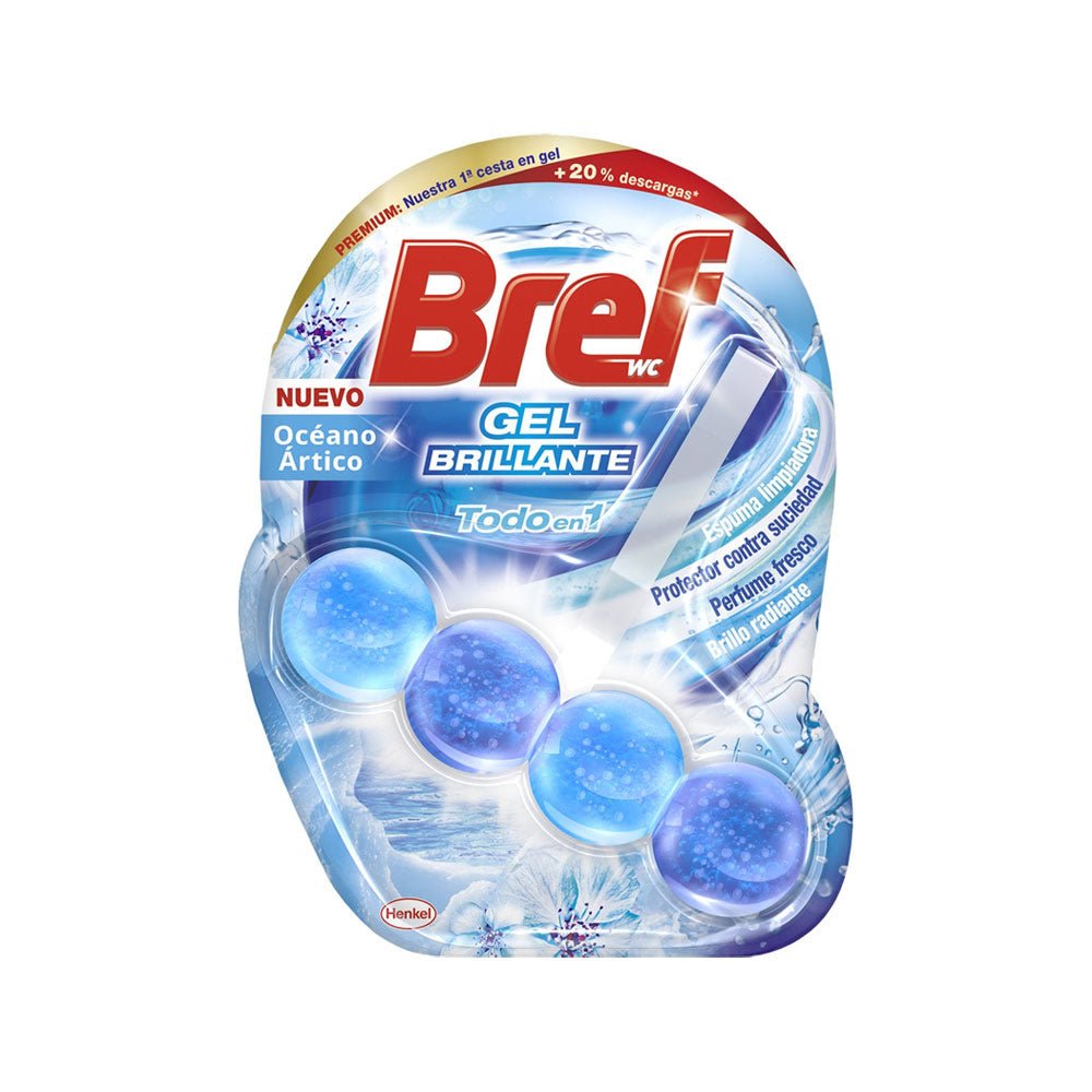 Bloco sanitário Bref Oceano Gel Brilhante para WC, 42g, com fragrância fresca e efeito de limpeza brilhante.