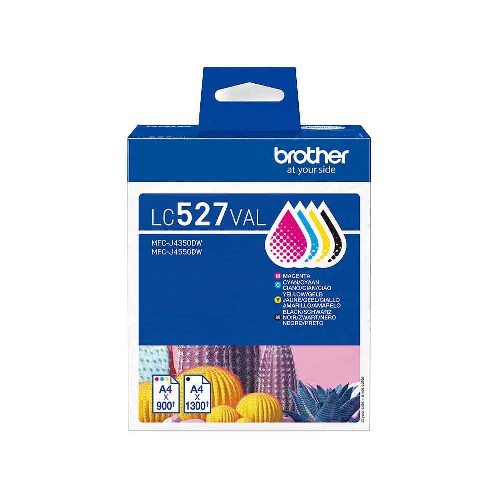 Kit de 4 tinteiros originais Brother LC527VAL, compatíveis e de alta qualidade, com cores variadas para impressoras Brother.