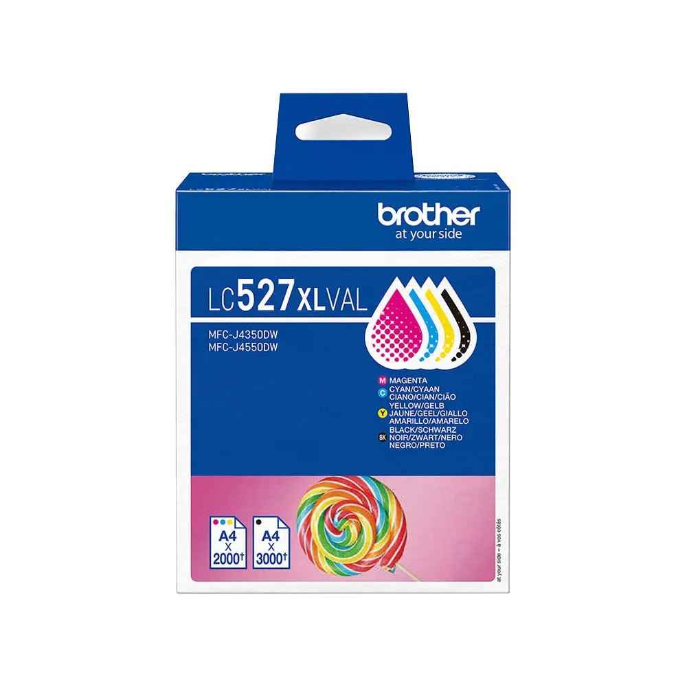 Kit com quatro tintas originais Brother LC527XLVAL de alta qualidade, cores variadas, para impressoras Brother.