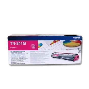 Toner Brother TN-241M Magenta original para impressoras Brother, capacidade para 1400 páginas, mostrado em embalagem e impressora