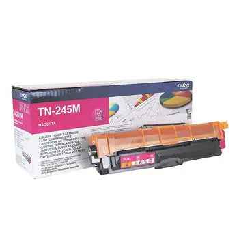 Toner Brother TN-245M magenta original para impressoras, capacidade para 2200 páginas, exibido em embalagem.