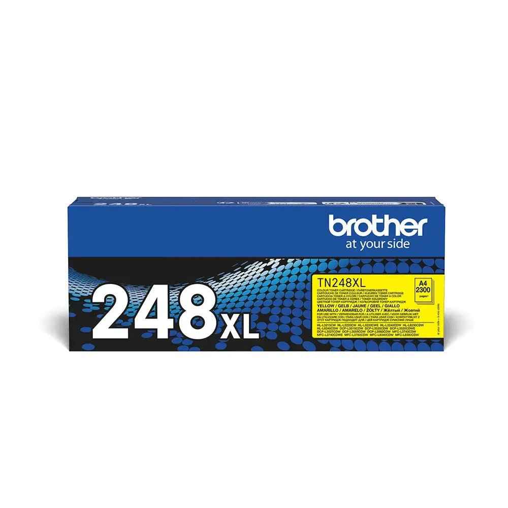 Toner amarelo Brother TN-248XLY original para impressora, capacidade para 2300 páginas, mostra o cartucho de tinta amarelo.
