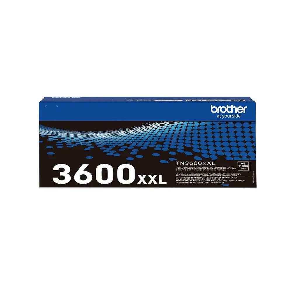 Toner Brother TN-3600XXL preto de alta capacidade, compatível com impressoras Brother, para até 11.000 páginas.