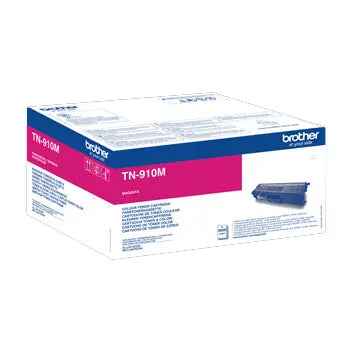 Toner Brother TN-910M Magenta para impressoras, original Brother, capacidade para 9000 páginas, mostrado em embalagem.