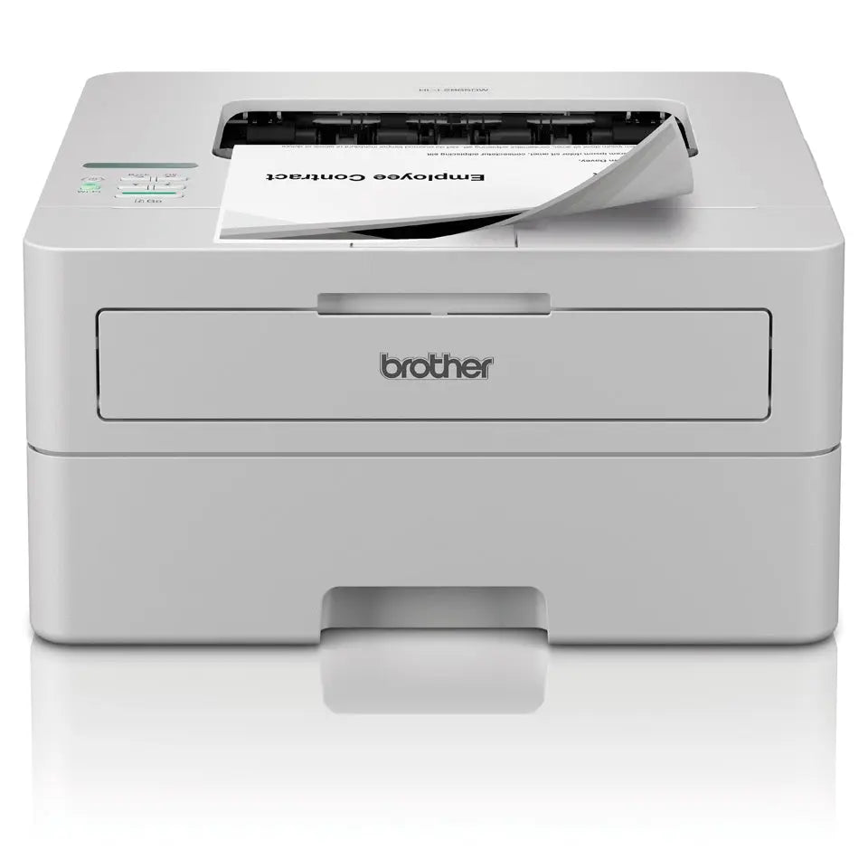 Impressora laser mono Brother HL-L2865DW em frente, mostrando painel de controle e papel na bandeja, conectada via Wi-Fi.
