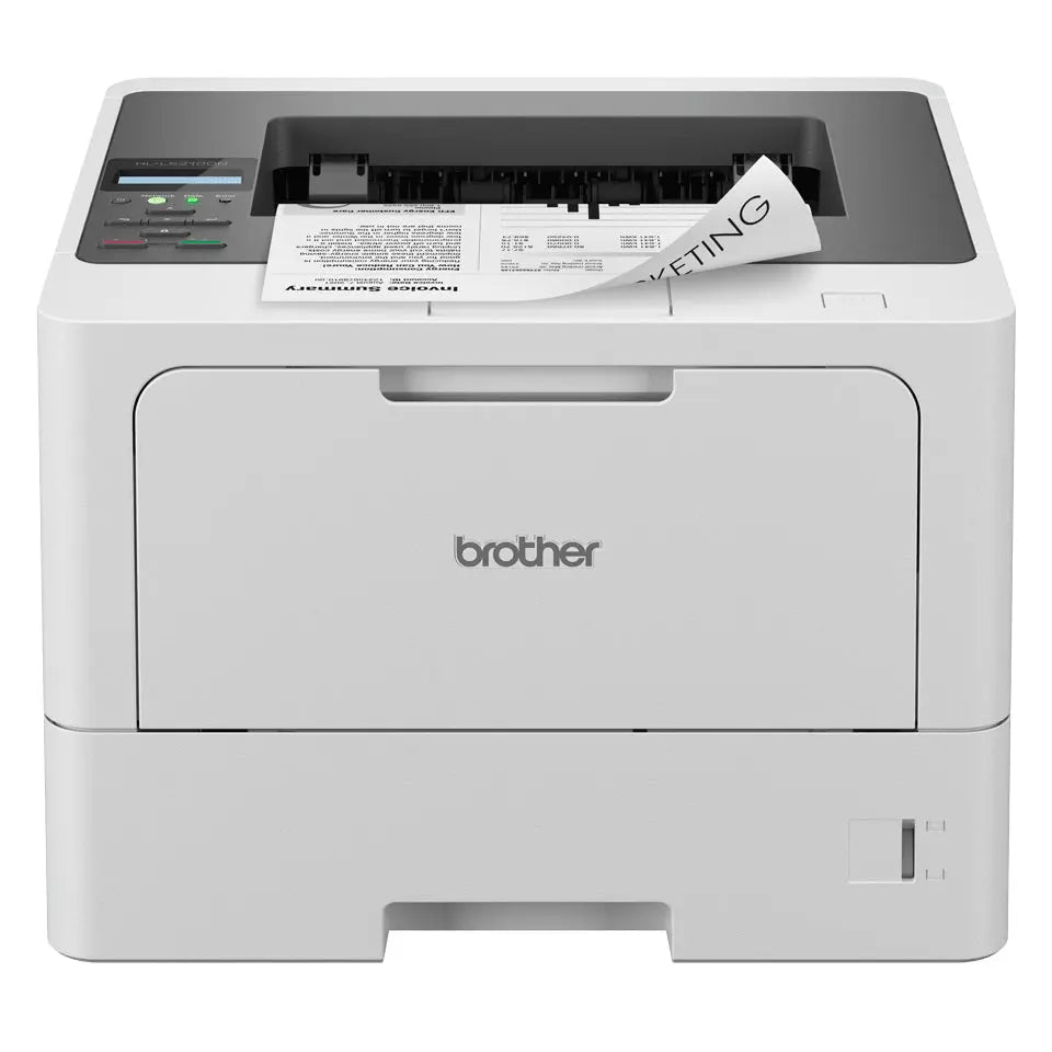Impressora Laser Mono Brother HL-L5210DN com acabamento duplex e conexão Ethernet, exibida em ambiente de escritório.