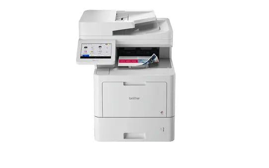 Impressora laser colorida Brother MFC-L9630CDN com Wi-Fi, NFC, velocidade de 40ppm e formato A4, vista frontal.