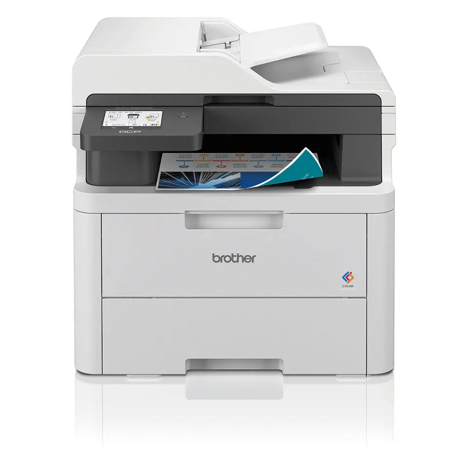 Impressora multifuncional Brother DCP-L3560CDW laser color A4 com Wi-Fi e USB, mostrada em ambiente de escritório.