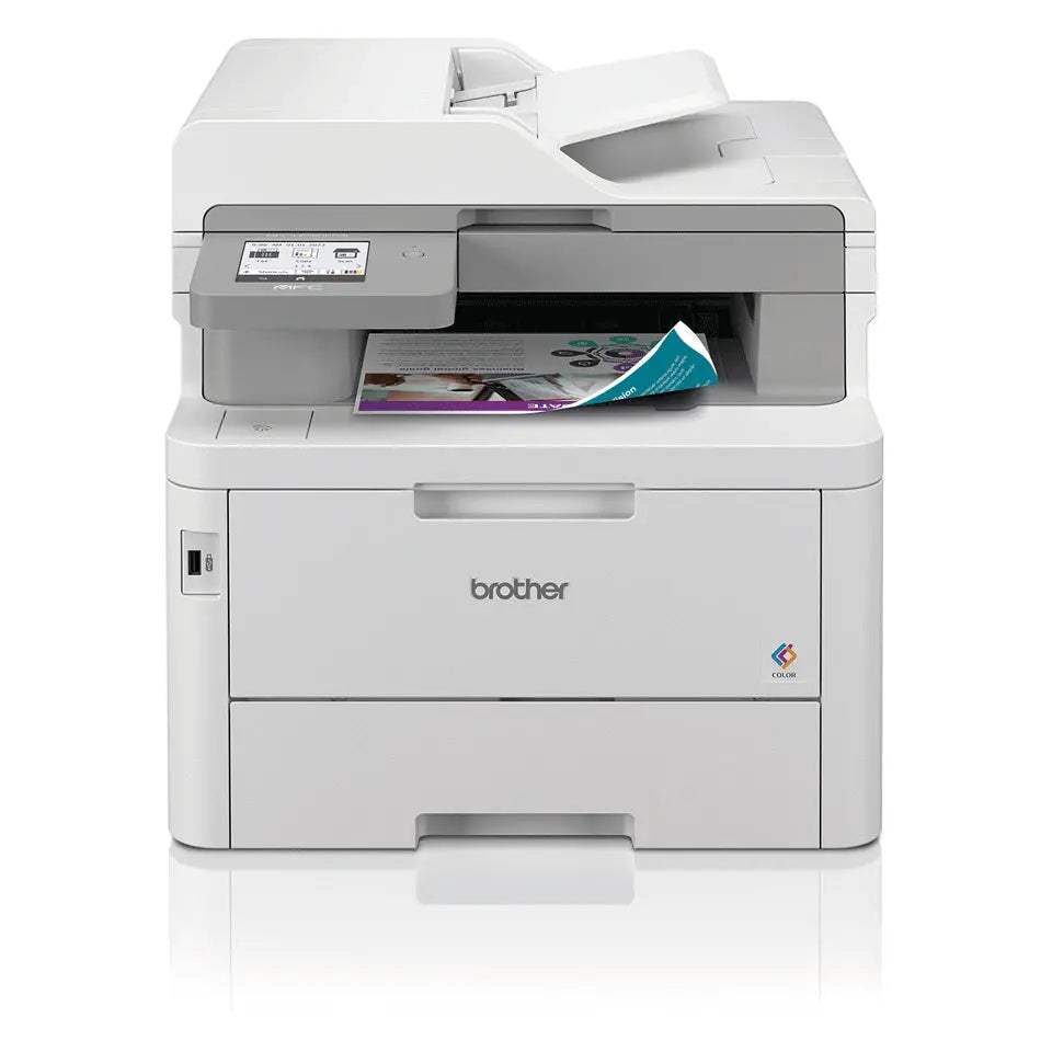 Impressora multifuncional Brother MFC-L8390CDW a cores, laser, Wi-Fi e LAN, exibida em ambiente de escritório.