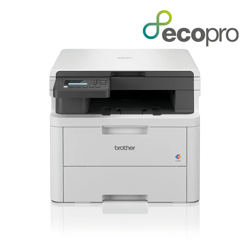 Impressora multifuncional Brother DCP-L3520CDWE laser color com Wi-Fi, exibida com bandeja de papel e painel de controle.