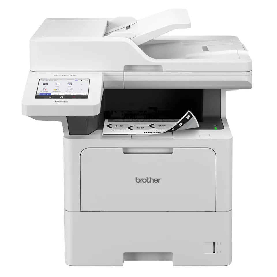 Impressora Brother MFC-L6710DW Laser Mono com tela, papel na bandeja e conexão WiFi e Ethernet, vista frontal.