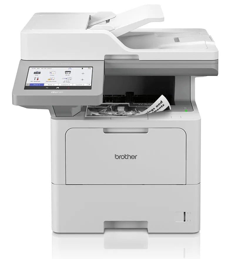 Impressora Brother MFC-L6910DN Mono A4 Laser com tela, bandeja de papel e conexões Wi-Fi e LAN, vista frontal.