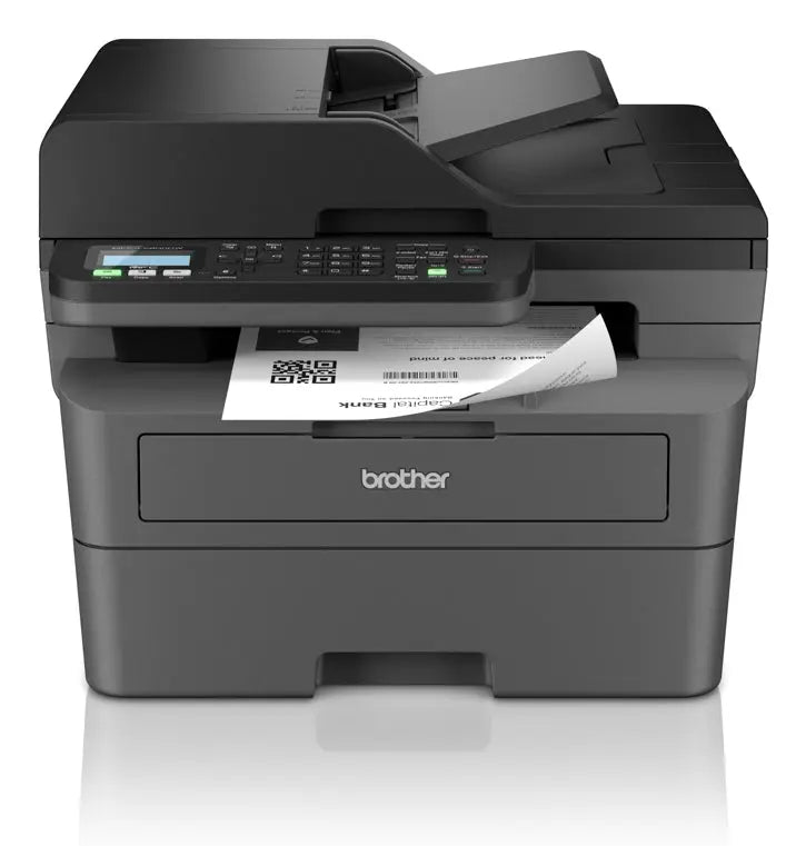 Impressora laser mono Brother MFC-L2800DW A4 com Wi-Fi, multifuncional, mostrando painel de controle e papel na bandeja
