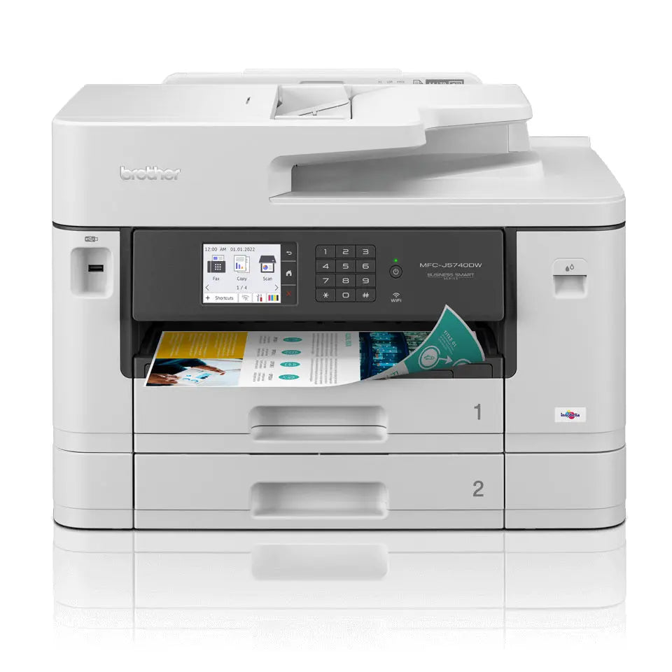 Impressora multifuncional Brother MFC-J5740DW A3 com Wi-Fi e USB, jato de tinta, mostrada em ambiente de escritório.